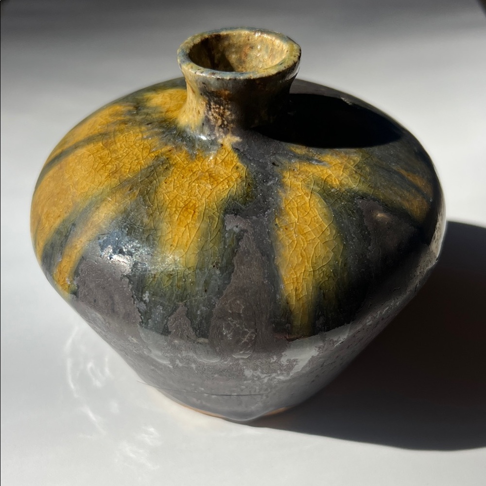 Handcrafted Ochre Yellow and Purple Glazed Ceramic Vase - Home Art Accent